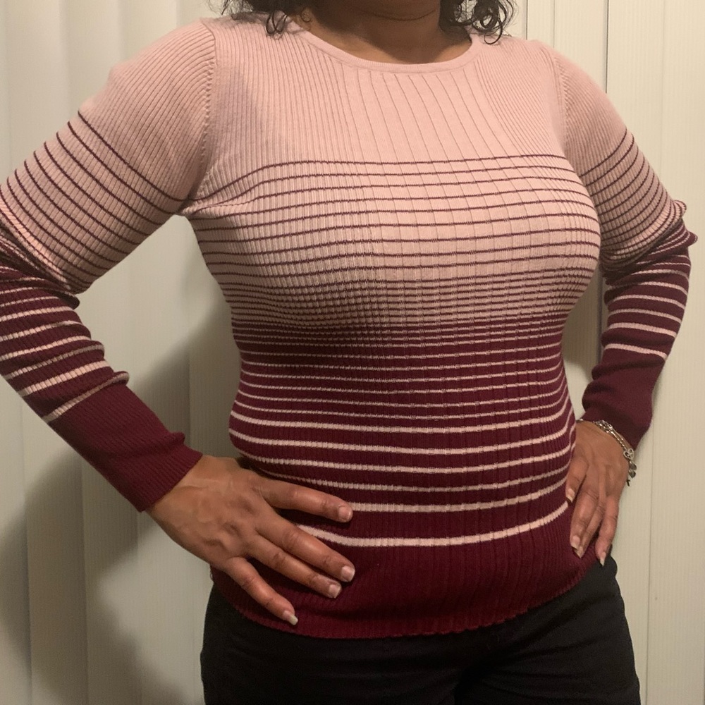 Liz Claiborne Pink and Burgundy Long Sleeve Striped Pullover Sweater. Size L.